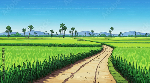 A winding dirt path leads through lush green rice paddy fields under a bright blue sky, with palm trees dotting the horizon in a serene rural landscape