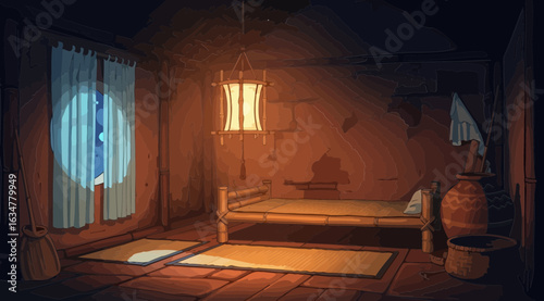 A simple, dimly lit room with a bed, window, and lamp, creating a warm and cozy atmosphere in a rustic dwelling