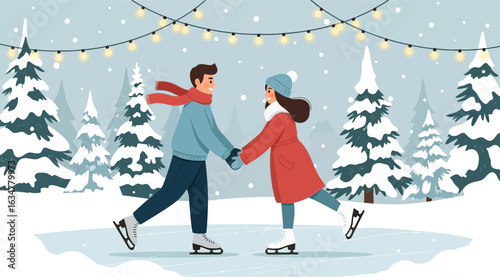 A couple ice skating together in a snowy forest decorated with festive lights, holding hands and smiling