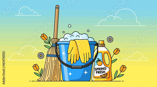 Spring cleaning supplies including a bucket with yellow rubber gloves, a broom, and a bottle of cleaning liquid with bubbles and tulips, symbolizing freshness and a clean home