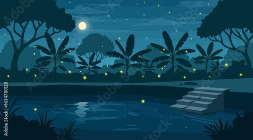 A magical night scene with a full moon and glowing fireflies illuminating a tranquil pond and tropical forest, creating an enchanting and peaceful atmosphere