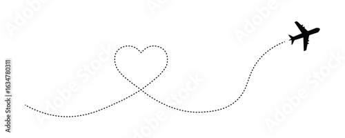 Airplane route icon with dotted and dashed flight path, curved looping travel line, flying plane silhouette, aviation navigation, air travel journey, tourism and transportation vector illustration