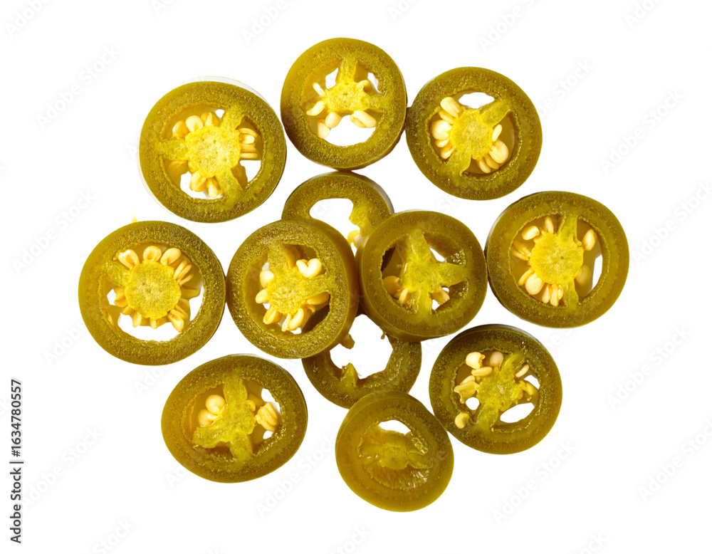 Fototapeta premium Neatly Arranged Pickled Jalapeño Slices in Circular Pattern, Top View, Realistic Style, Isolated on White PNG