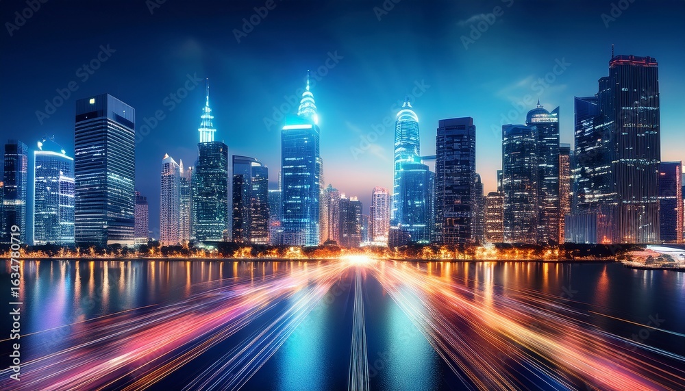 Fototapeta premium vibrant city skyline at night with glowing lights urban landscape photography for futuristic real estate business and travel concepts