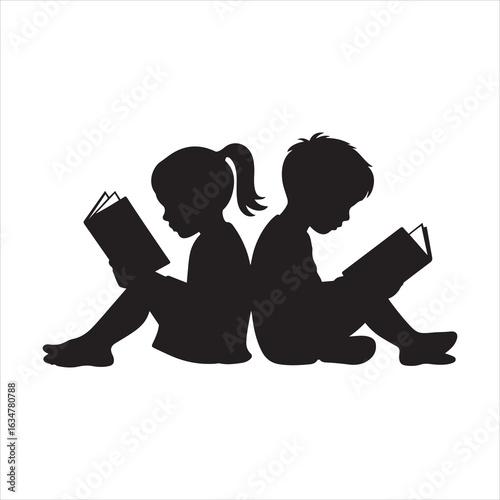 Children Reading Books Silhouette Vector – Kids Education Concept Illustration