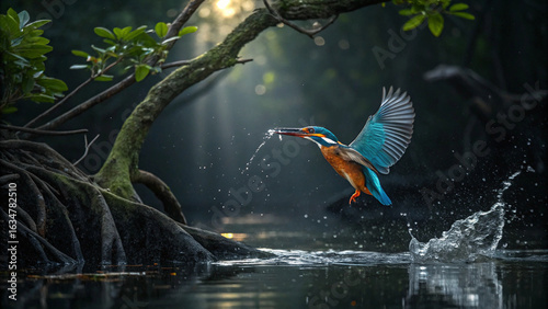 Vibrant kingfisher soars through lush forest capturing prey mid flight above rippling water
