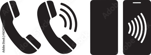 A vector illustration displaying four minimalist phone icons, showing classic and modern devices in silent and ringing modes.