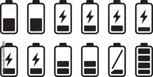 A vector illustration showcasing a collection of battery charge level icons, depicting various states like full, low, empty, and charging.