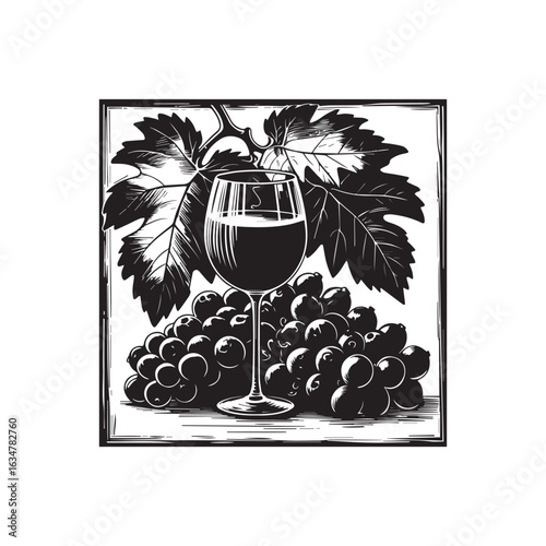 Vector art of a glass of red wine sits beside a bunch of grapes with vine leaves, isolated on a white background, in a vintage etching style