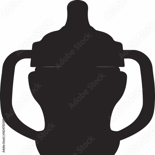 Black silhouette of a baby bottle with handles on white background