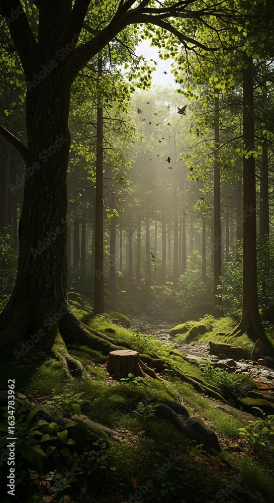 Obraz premium Sunlit Forest Path with Butterflies and Mossy Tree Roots