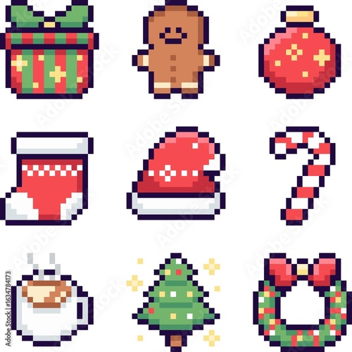 Pixel Christmas Icons Set | 8-bit Festive Holiday Elements – Tree, Gift, Snowman, Candy Cane