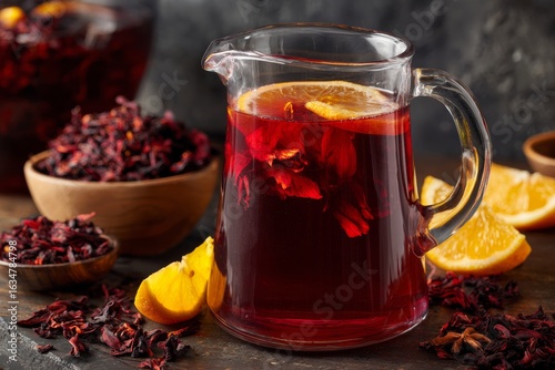 Hibiscus tea is prepared in a clear pitcher, adorned with orange slices, while dried hibiscus petals are displayed in wooden bowls, creating a vibrant and inviting atmosphere