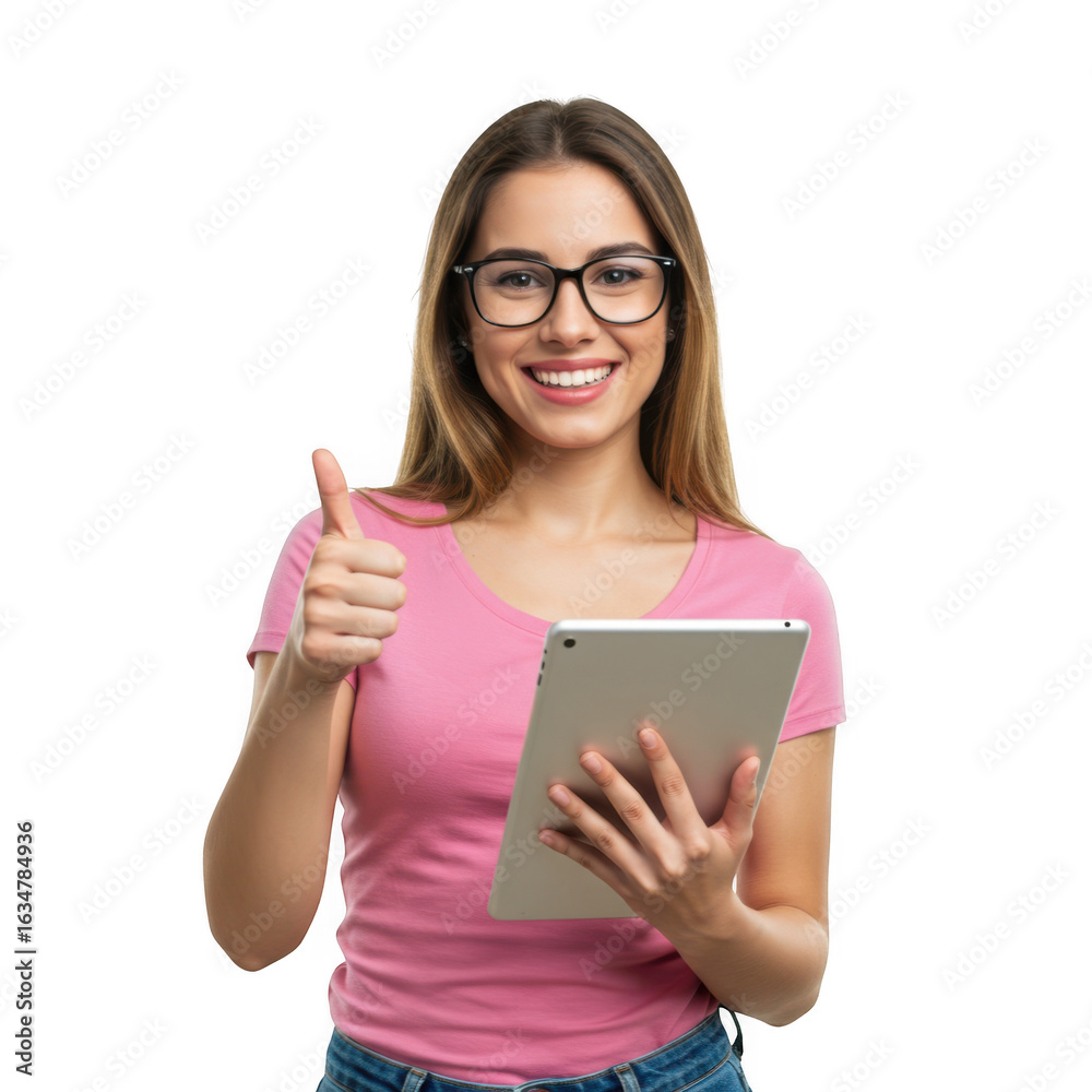Naklejka premium Smiling young woman wearing glasses holding a tablet and giving a thumbs up gesture isolated on transparent background