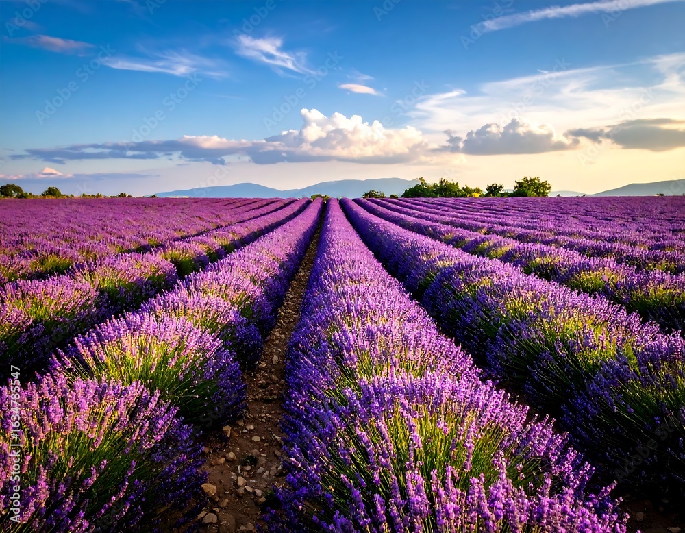 Naklejka premium Lavender field stretching to horizon under a beautiful sunset sky