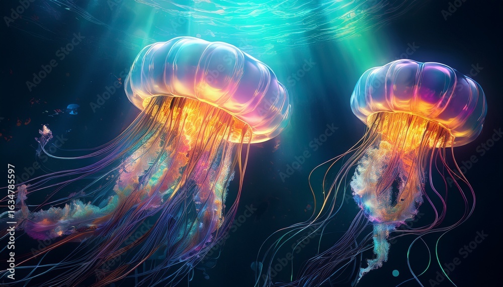 Obraz premium beautiful glowing jellyfish swimming underwater in dark ocean fantasy marine bioluminescent scene
