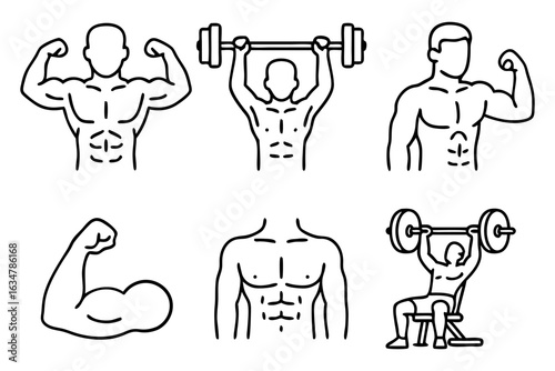 Bodybuilding icon set, strong man line symbols for gym and fitness.Vector
