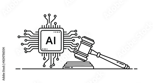 Vector art of ai chip and gavel symbol representing artificial intelligence law and justice, isolated on white background
