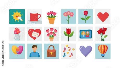 Collection of flat design icons for various themes