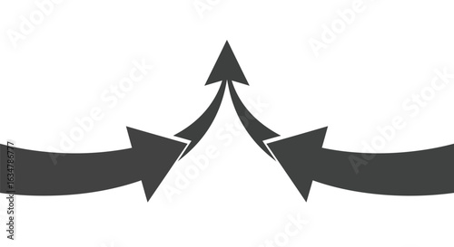 Vector art of two dark gray arrows merging into one upward pointing arrow, symbolizing progress and collaboration