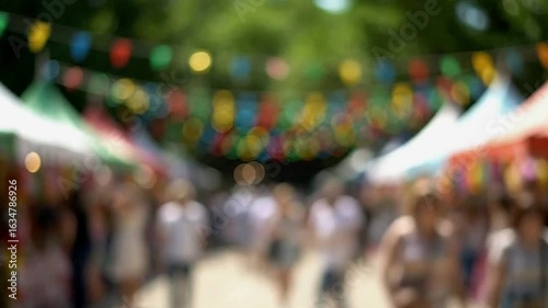Blurred outdoor scene people among tents and colorful flags creating a festive yet indistinct atmosphere