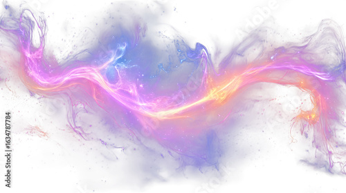 Vibrant cosmic nebula with swirling purple pink and yellow gas clouds and stars isolated on transparent background