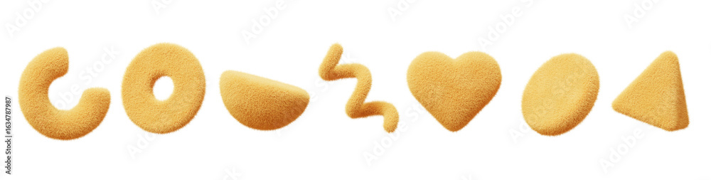 Fototapeta premium 3d yellow fur fluffy abstract geometric shapes. Cute soft plush heart, cylinder, triangle, circle ring, half sphere, spiral line with wool felt texture, isolated furry render icon set