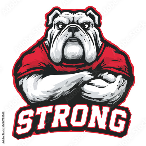 Bold and muscular bulldog mascot illustration featuring a fierce expression, wearing a red shirt with crossed arms and the word 