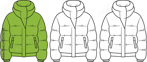 Puffer jacket technical sketch, winter coat fashion illustration, front and back views, quilted hoodie design, down jacket template, apparel flat drawing for designers