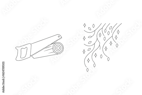 Saw cutting wood log with decorative branches vector