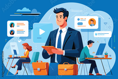 Professional business manager leading a corporate team with digital technology, a vector concept illustration