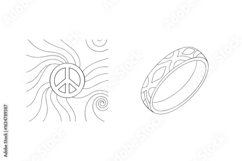 Peace symbol and patterned ring swirling lines concentric circles