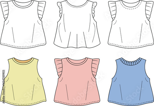 Racerback tank top fashion flat sketch, baby girl ruffle sleeve dress mockup, front and back view, clothing template, vector illustration, apparel design, editable