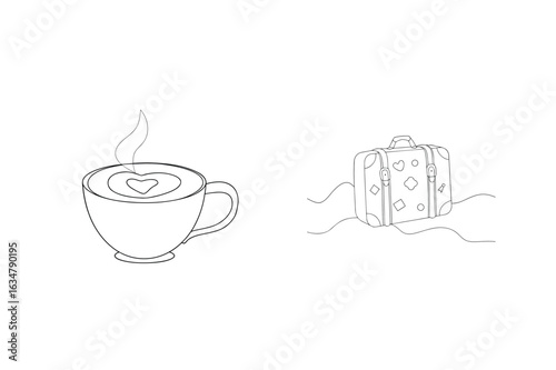 Steaming coffee cup heart shape suitcase travel vector