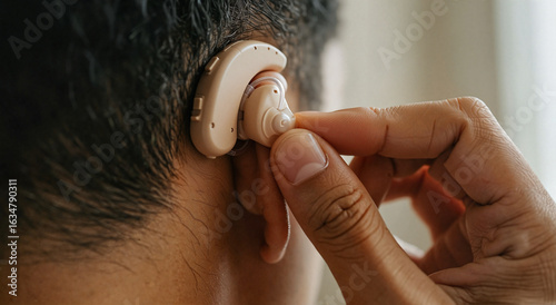 Person adjusting hearing aid behind the ear indoors  
