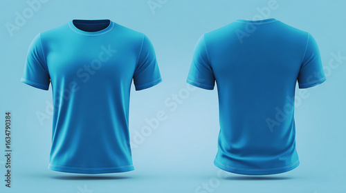 Tailored Light blue t-shirt mock-up template showcasing 3D t-shirt mock-up design logic. Front and back exposure. Neat layout, fabric modelling, clean finish.