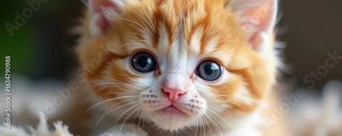 Adorable fluffy kitten face, big eyes, pink nose, headshot, fluffy