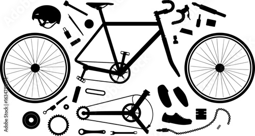 A comprehensive collection of bicycle parts, tools, and accessories meticulously arranged on a white background.