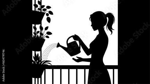 Dark silhouette of a woman watering her balcony garden with a small watering can, tending to potted plants.