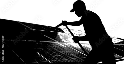 A stark silhouette of a worker in a cap diligently cleaning or maintaining a large array of solar energy panels.