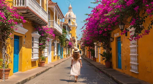 Female Tourist Walking in the Historic Streets of Cartagena