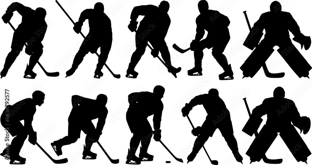 Obraz premium Silhouettes of ice hockey players in various dynamic action poses, including skaters and a goalie, showcasing the fast-paced nature of the sport.