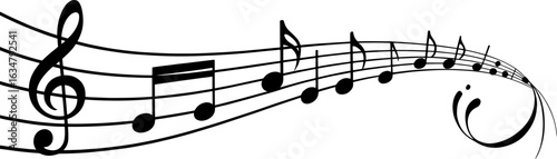 A black and white illustration of a flowing musical staff with various notes and a treble clef, ending in a decorative swirl.