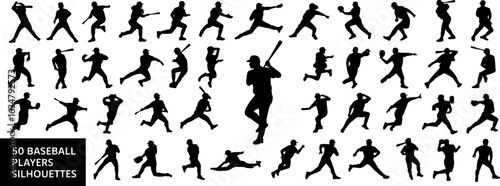 A collection of 50 black silhouettes depicting various dynamic poses of baseball players in action, including batting, pitching, running, and fielding, again...