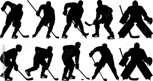 Silhouettes of ice hockey players in various dynamic action poses, including skaters and a goalie, showcasing the fast-paced nature of the sport.