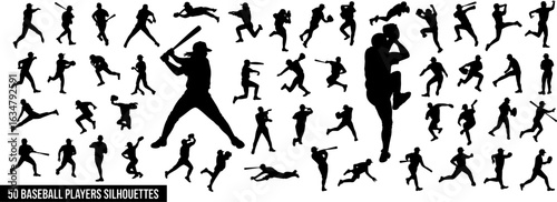 A large collection of black silhouettes depicting baseball players in various dynamic action poses.