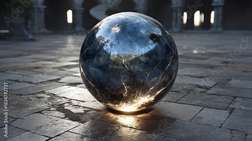 Luminous Sphere in Ancient Courtyard