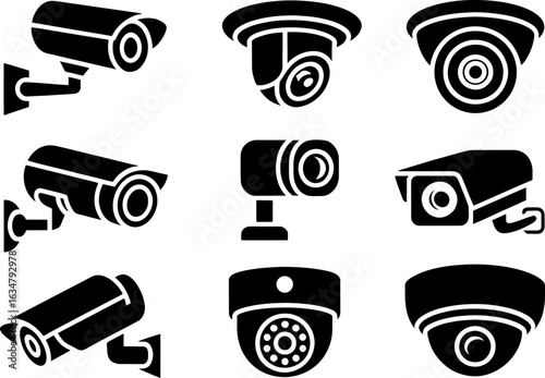A collection of various black silhouette icons representing different types of security and surveillance cameras.
