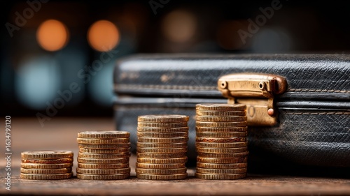 Three stacks of shiny gold coins arranged by height beside a closed brown leather briefcase with metallic clasps,