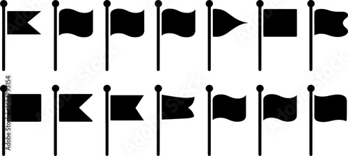 A diverse set of black flag icons on poles, illustrating various shapes and dynamic waving patterns.